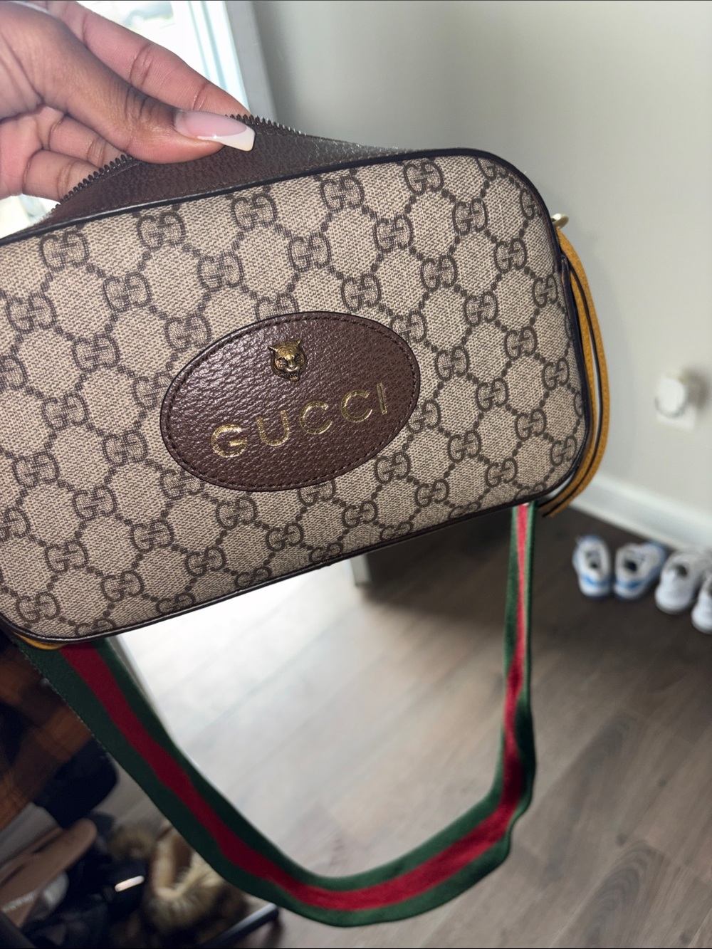 Gucci Beige GG Supreme Canvas Crossbody with Green and Red Web Strap